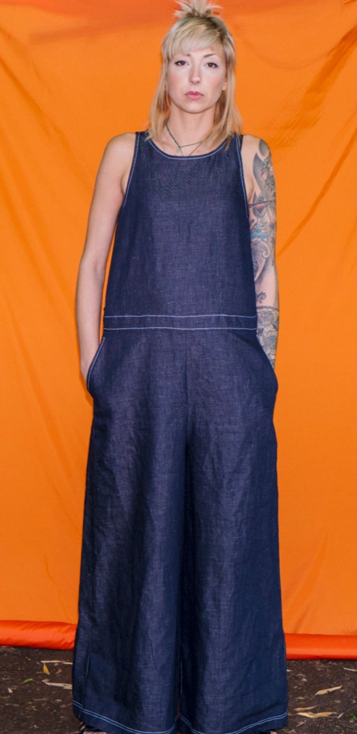 Tuta over in denim di lino cotone