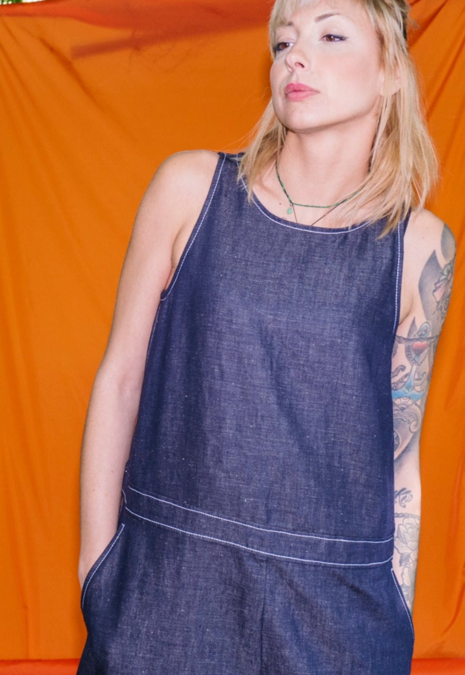 Tuta over in denim di lino cotone