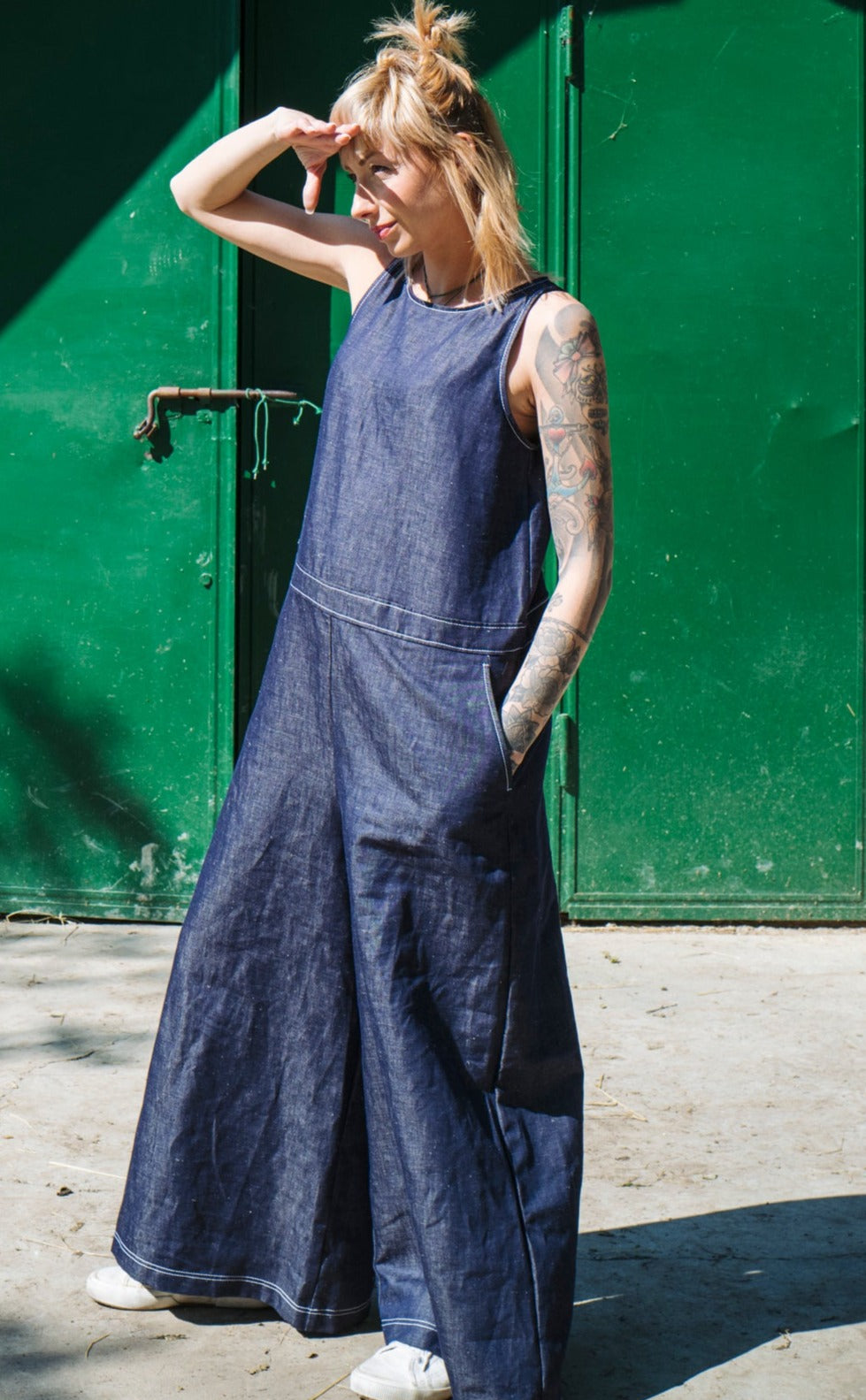 Tuta over in denim di lino cotone