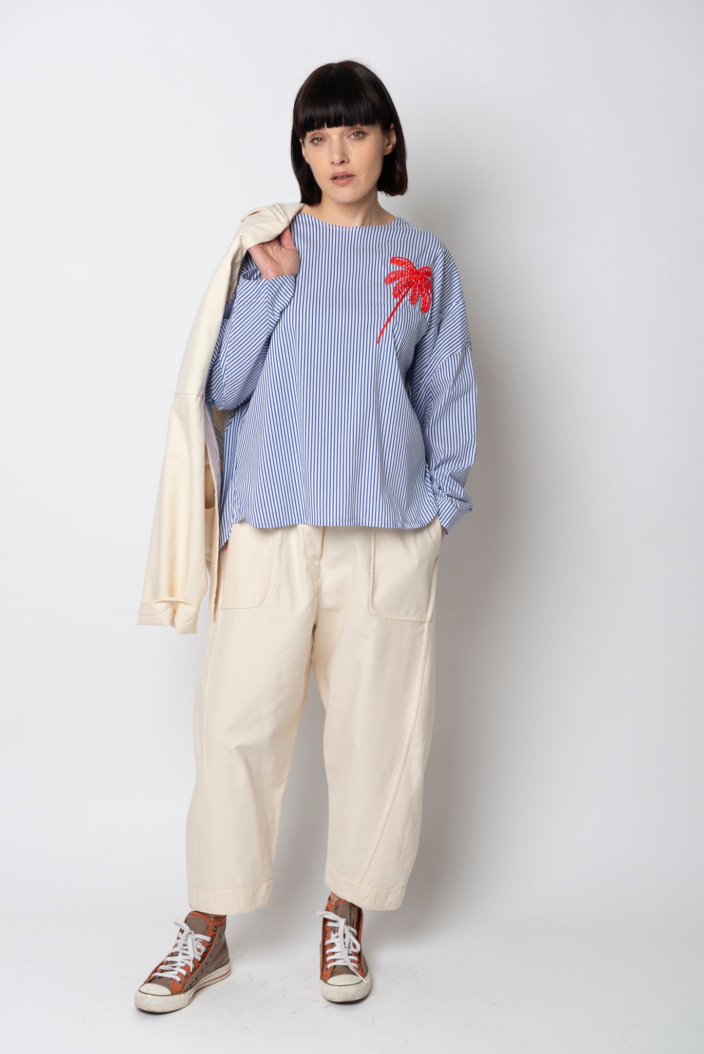 Pantalone Balloon in cotone operato Avorio Double face Mod. Re:versibile