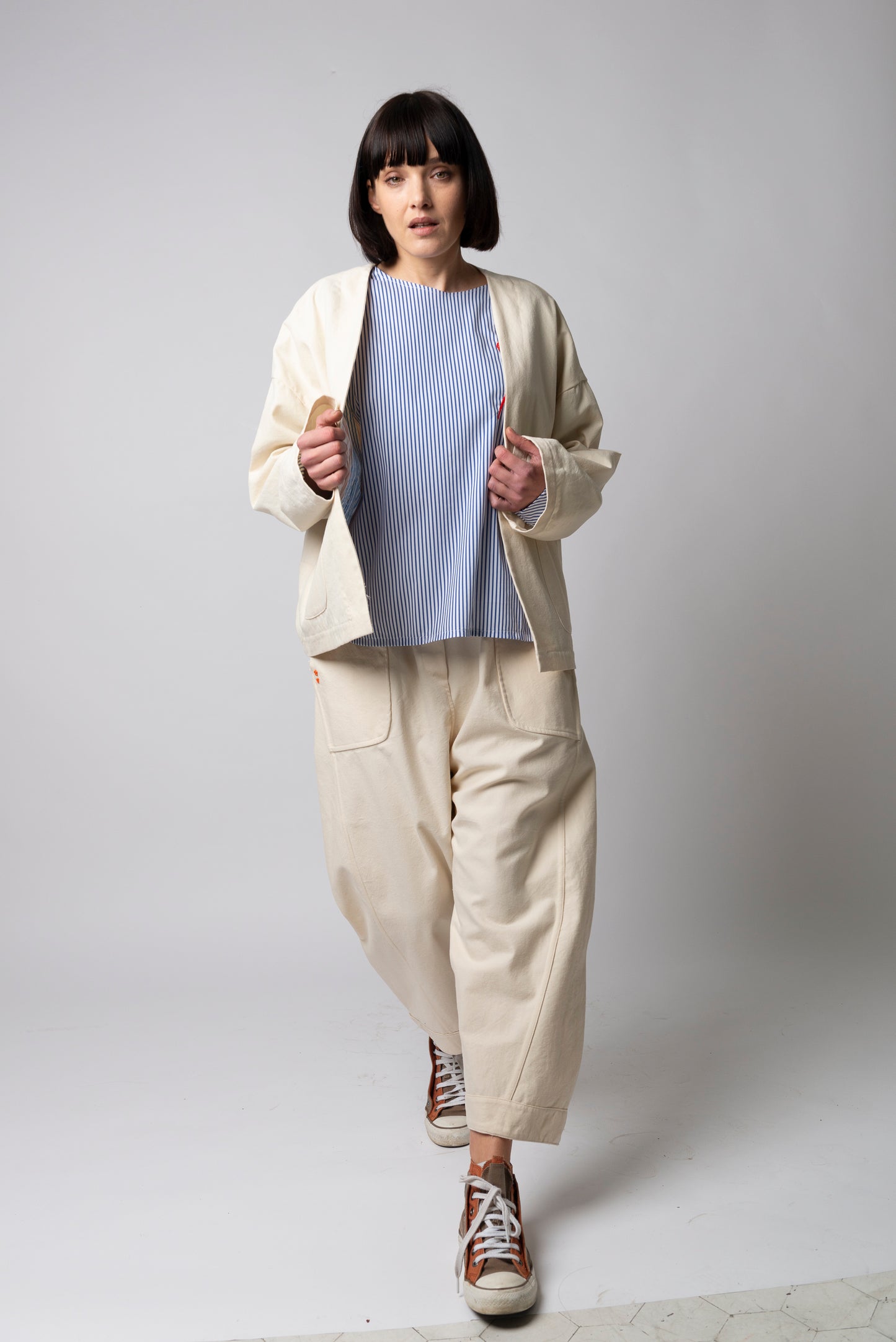 Pantalone Balloon in cotone operato Avorio Double face Mod. Re:versibile