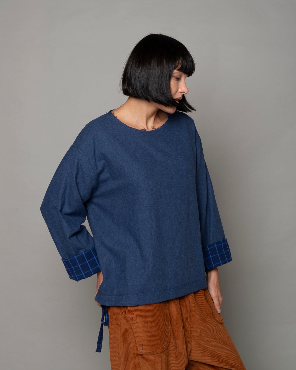 Blusa a quadri double face con coulisse Mod. Re:spiro