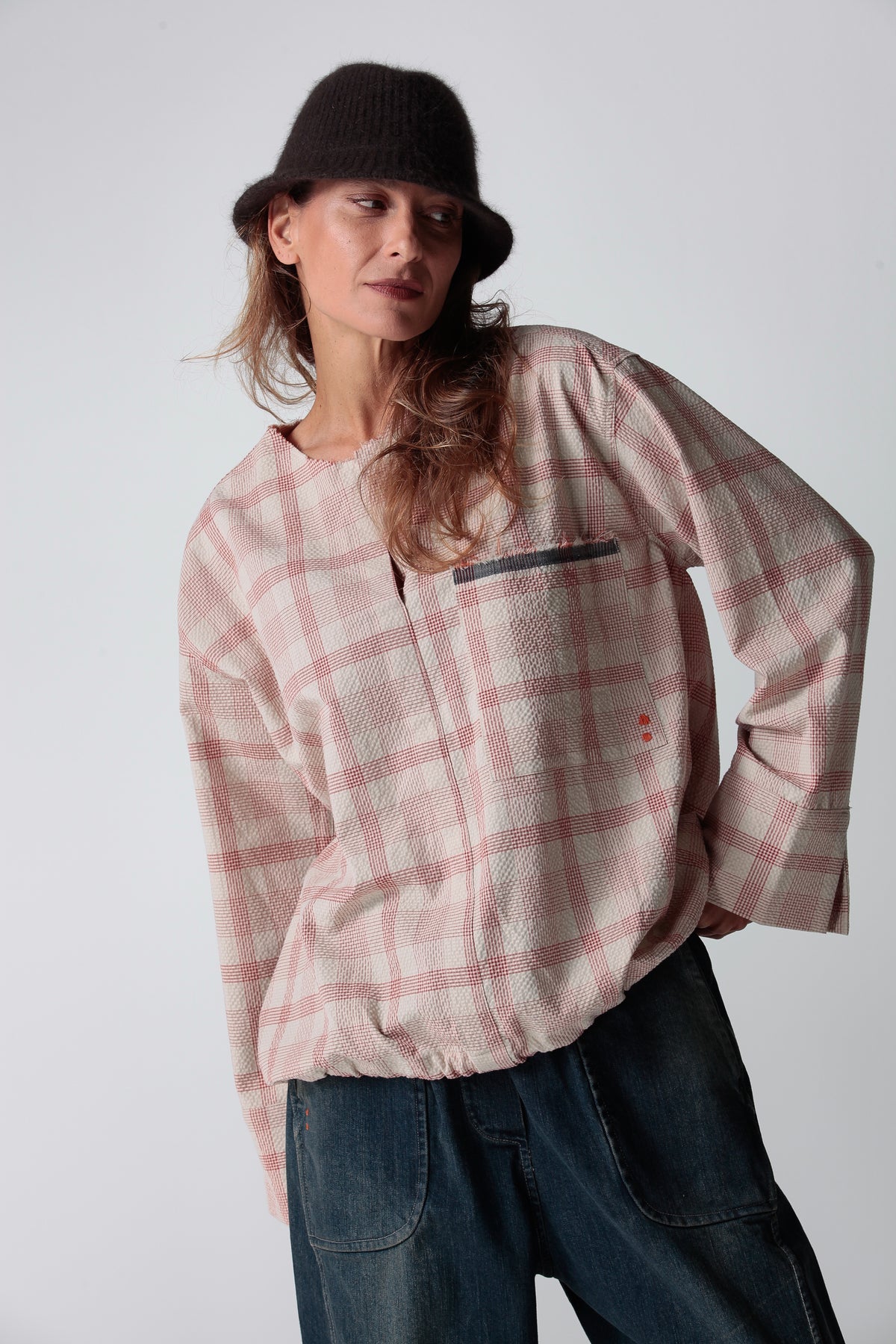 RE:BECCA — Blusa in cotone check tinto in filo