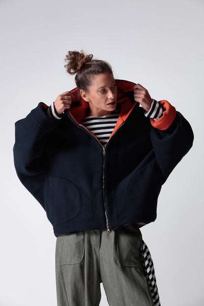 RE:GISTA — Giacca kimono double face in pura lana Blu e Arancio
