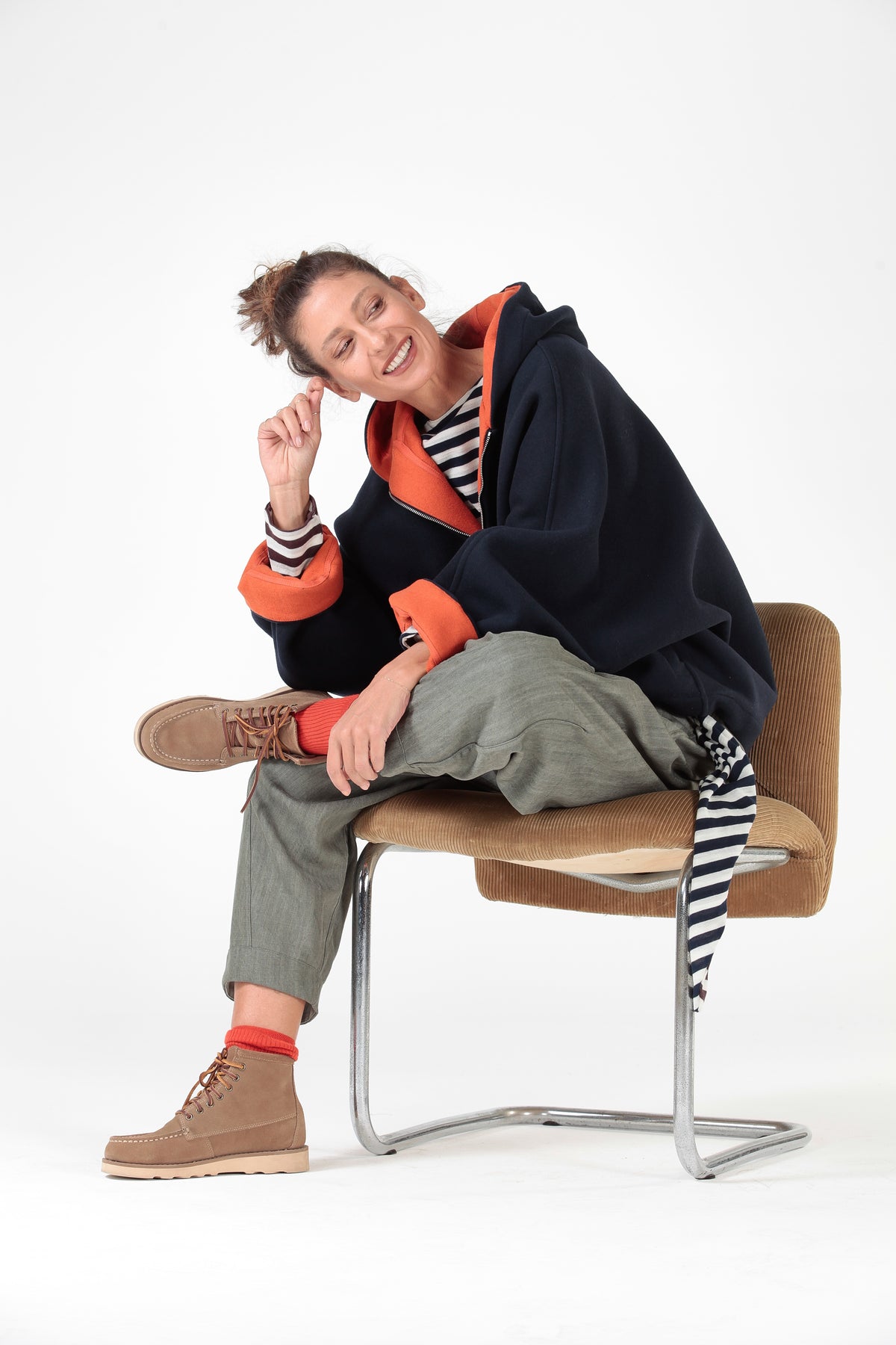 RE:GISTA — Giacca kimono double face in pura lana Blu e Arancio
