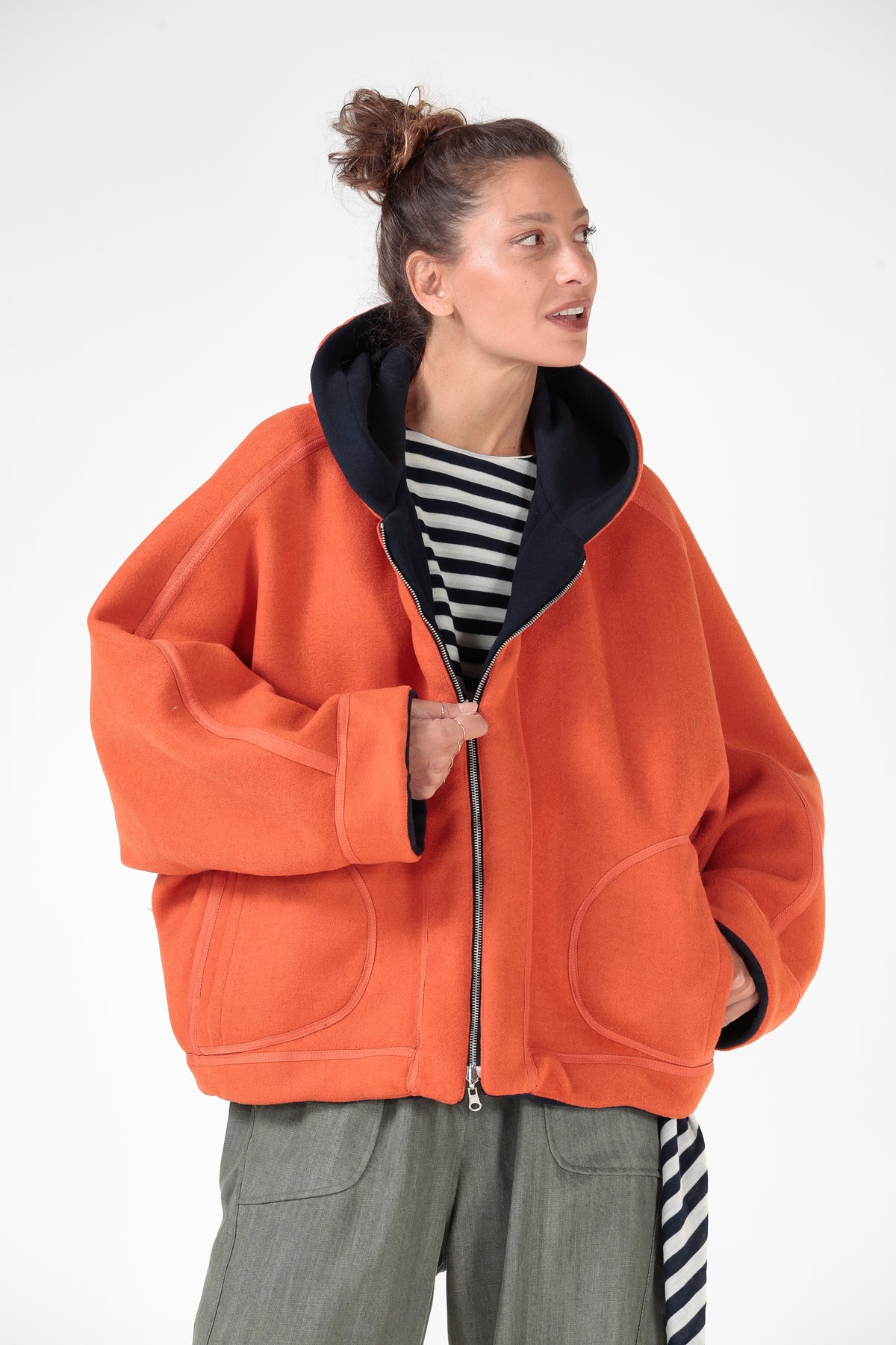 RE:GISTA — Giacca kimono double face in pura lana Blu e Arancio
